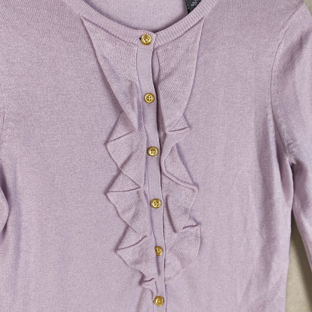 George ME Silk Cashmere Blend Cardigan Small Lavender Ruffle Button Front - Picture 3 of 6